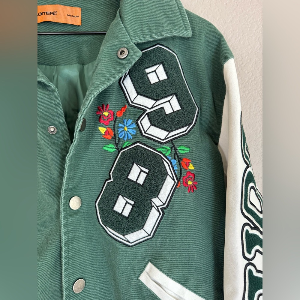 LOITER Flaws And Sins Varsity Logo Jacket size Medium Green Off White $229 - Picture 12 of 16